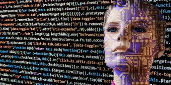 a code juxtaposed to a digital portrait of a woman