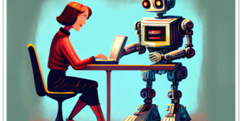 a girl and a robot sitting at a table. the girl is typing something on her PC