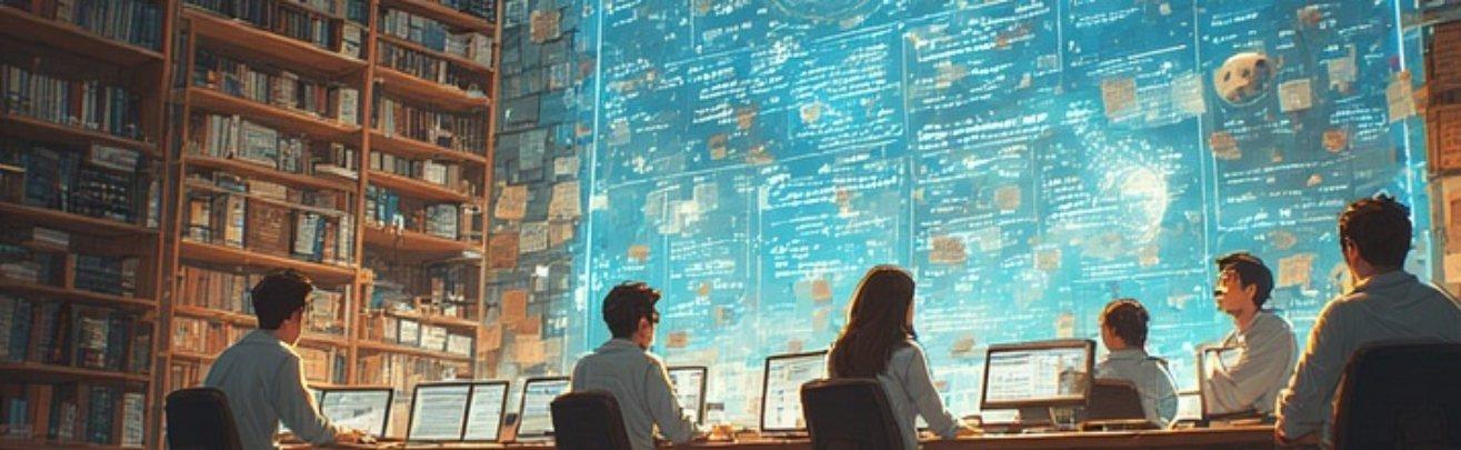 students sitting at the big desk, among bookshelves and in front of a big digital screen